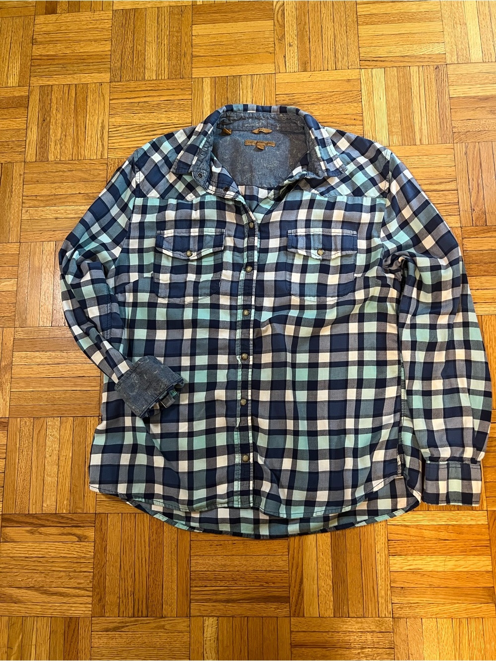 Flannel Fall JACHS Girlfriend Navy, Light Blue White Plaid Button-Down Shirt XL